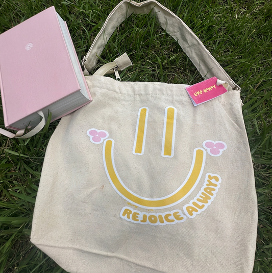 Rejoice Always Tote Bag | Smiley Face Crossbody Canvas Bag | 1 Thessalonians 5:1