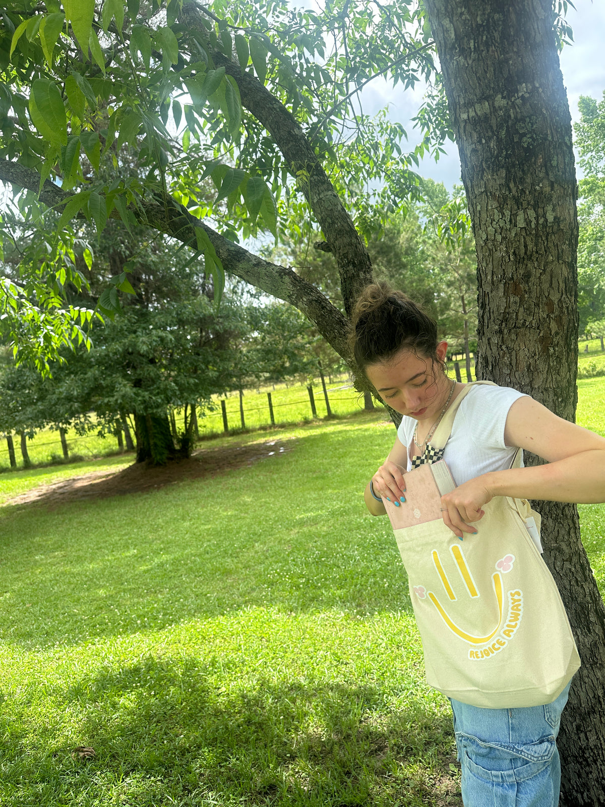 Rejoice Always Tote Bag | Smiley Face Crossbody Canvas Bag | 1 Thessalonians 5:1