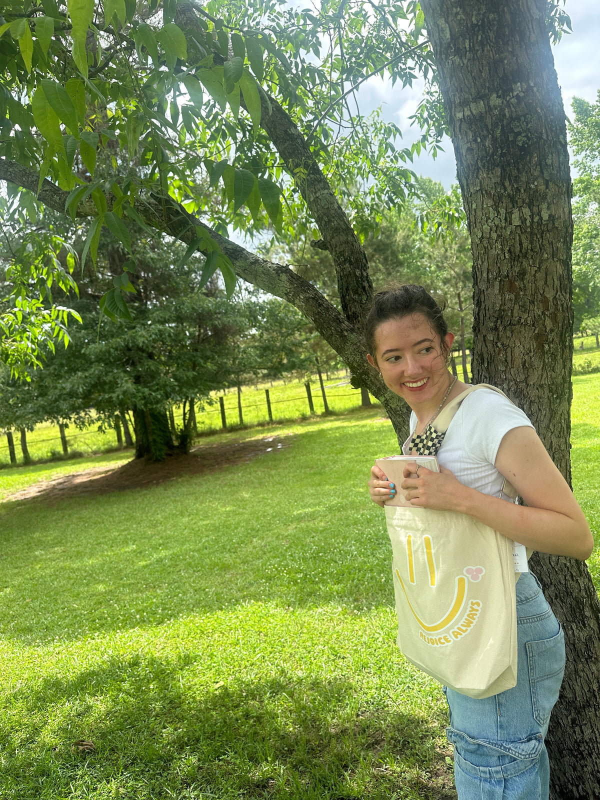 Rejoice Always Tote Bag | Smiley Face Crossbody Canvas Bag | 1 Thessalonians 5:1
